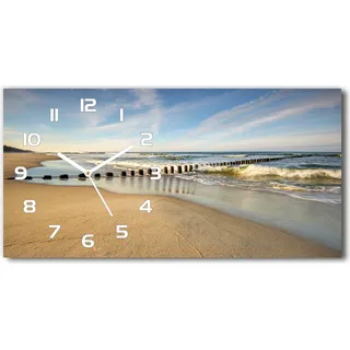 Wanduhr aus Glas – 60x30 cm - Glasbild - Glasuhr - Gehärtetes Glas - weisse-zeiger - Strand an der Ostsee - Weiß