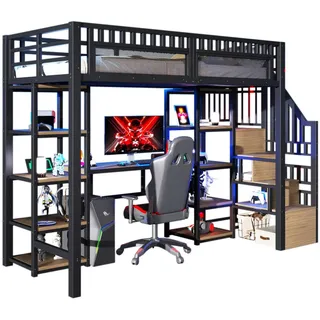 Okwish Hochbett 90/200 cm Schwarz mit Schreibtisch mit LED-Beleuchtung und USB-Anschlüssen aus Metall , 90x200 cm , Babymöbel & Kindermöbel, Kinderzimmer & Jugendzimmer, Kinderbetten, Hochbetten
