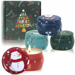 Weihnachts-Duftkerzen, Geschenke für Frauen: 4 Stück Aromatherapie-Kerzen, Kürbis, Zimt, Lavendel, Zitrone, 100% natürliches Sojawachs, Kerze, 125 g, tragbares Zinn-Geschenkset