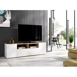 Dmora - TV-Schrank Etna, niedriges Sideboard für Wohnzimmer, TV-Sideboard für Wohnzimmer, 142x35h44 cm, Weiß und Eiche Nodi