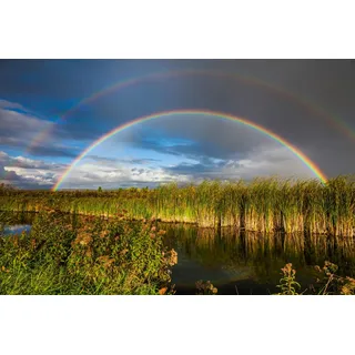 Papermoon Fototapete »REGENBOGEN ÜBER FLUSS-LANDSCHAFT NATUR HIMMEL WOLKEN«, bunt