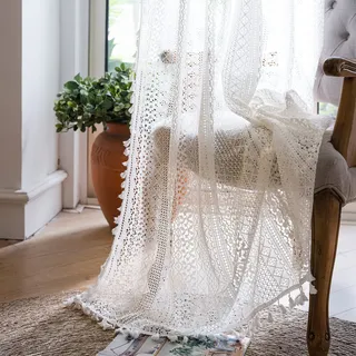 WAZZIO WZ-02WHT-84 Vorhänge, Boho, Häkelspitze, durchscheinend, Vintage, viktorianische Baumwolle, Lichtfiltervorhang, 213,4 cm lang, Bohemian-Dekor-Vorhänge, Wohnzimmer, 2 Bahnen, 149,9 x 213,4 cm, 2