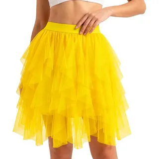 Alaoo Damen Tüll Röcke, Unregelmäßiger Tüllrock, High Low Layered Puffy Fee Röcke, 50er Rockabilly Petticoat Retro, Mehrschichtiger Mesh Faltenrock A-Linie Midi Rock für Party Karneval,Schwarz,L