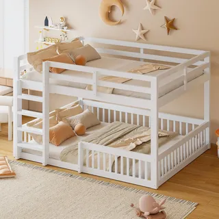 MODFU Etagenbett 160x200 Kinderbett mit Geländern,Holz-Doppelbett BettgestellJugendbett mit Absturzschutz,ohne Matratze,Weiß - Weiß