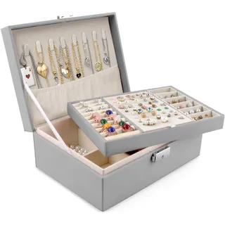 Homeanda Schmuckkästchen mit Schloss - Große Schmuckschatulle aus Leder für Damen, Schmuckbox mit 2 Ebenen (Grau)
