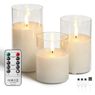 FREEPOWER LED Kerzen Echtwachs 3er Set mit Fernbedienung und Timer – Flackerndes Warmweißlicht, Wiederaufladbar per USB Kabel, Flammenlose Stumpenkerzen Weiß Glas, Ø7,5x10/12,5/15cm