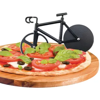 Fahrrad Pizzaschneider, Antihaftbeschichteter Edelstahl Pizza Schneider Lustiger Pizzaroller, Doppel Pizza Cutter mit Scharfem Schneiderad & Ständer für Weihnachten Party Geschenke, Schwarz