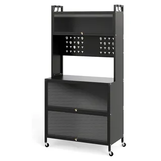 Küchenschrank 5-stufig mit Arbeitsplatte, Mikrowellenschrank mit Rollen, Küchenbuffet mit Stecktafel und 4 Haken, Standregal mit Klapptüren (Grau)
