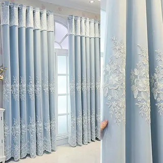 Amidoudou 1 Paar europäische, doppellagige Vorhänge, luxuriös, bestickte Vorhänge mit Blumenstickerei für Wohnzimmer Schlafzimmer (blau, 132 x 228 cm)