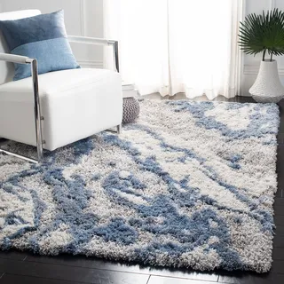 SAFAVIEH Zottelig Teppich für Wohnzimmer, Esszimmer, Schlafzimmer - Horizon Shag Collection, Kurzer Flor, Grau und Blau, 91 X 152 cm