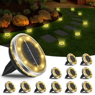 12 Stück Solar Bodenleuchten Aussen, 12 LEDs Solarlampen Garten, Warmweiß | IP65 Wasserdicht Gartenbeleuchtung Solar mit Upgrade Solarpanel, Boden Solarleuchten Garten für Rasen Auffahrt Gehweg Patio