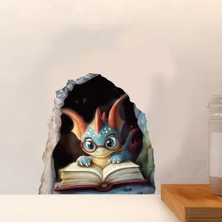 PLIGREAT 8 Stück 3D Lesen Drachen Wandaufkleber, Drache im Loch Wandtattoos Lustige Loch Wandaufkleber Abnehmbare Vinyl Peel and Stick Art Aufkleber für Küche Kinderzimmer Kinderzimmer Schlafzimmer
