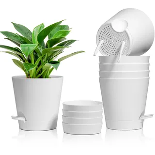 T4U 16,5cm Kunststoff Blumentopf mit Bewässerungssystem, 6er-Set Selbstbewässerung Übertopf mit Untersetzer, Rund Pflanzkübel für Innen und Balkon Garten Pflanzen Sukkulenten Kaktus, Weiß