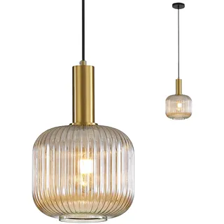 HJXDtech Moderne Vintage Glas Lampenschirm Hängeleuchten & Pendelleuchten, E27 Gold Lampenfassung, Hängelampe einflammig für Küche, Esstisch, Schlafzimmer und Wohnzimmer (Bernstein, 20cm)