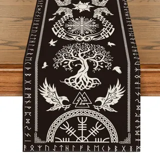 Artoid Mode Schwarz Wikinger Baum des Lebens Rabe Helm der Ehrfurcht Tischläufer, Saisonnal Tisch Dekoration Drinnen Urlaub Party Dekor 40x240 cm