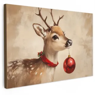 MuchoWow Leinwandbild Weihnachten - Hirsch - Geweih - Weihnachtskugel - Rentier Wanddeko 90x60 cm , Hellbraun , Textil , Kiefer , Rechteckig , 90x60 cm , FSC 100% , gerahmt , Bilder & Rahmen, Bilder, Leinwandbilder