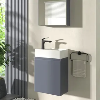 Gäste-WC Waschbecken mit Unterschrank – 46 cm breites Badmöbelset, Keramik Waschtisch in Anthrazit, Soft-Close, Waschbecken für linke Hand - Dunkelgrau