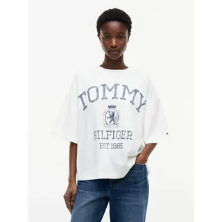 Kurzarmshirt TOMMY HILFIGER "VARSITY CREST RLX SS T-SHIRT", Damen, Gr. L (42/44), weiß (ecru), Single Jersey, Obermaterial: 100% Baumwolle, bedruckt, relaxed fit normal, Rundhals, Shirts Kurzarmshirt, Baumwolle, relaxed fit, Logoprint