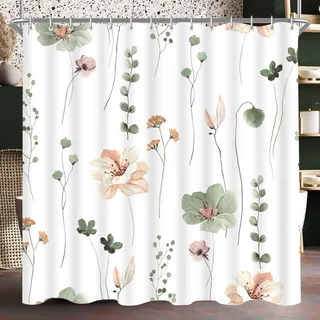 Lerores Duschvorhang 200x200 cm Salbei Grün Blume,Beschwerter Saum Antischimmel,Wasserabweisend, Waschbar Polyester Badevorhänge mit 12 Ösen und Duschvorhangringe für Badezimmer,Badewanne