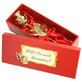 Echte Goldene Rose mit Widmung: Willst du mich heiraten?, überzogen mit 999er GOLD, circa 28 cm, mit Geschenkschatulle und Echtheitszertifikat
