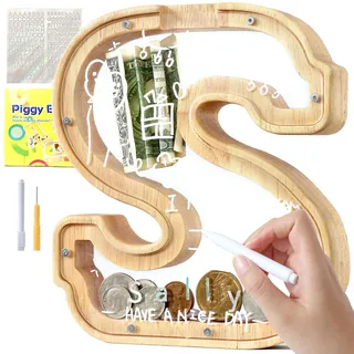 Lakpopya Spardose Kinder Buchstaben aus Holz für A-Z Personalisiert Sparschwein Durchsichtig Alphabet Sparbox, Geschenk Dekoration Taufe für Jungen Mädchen (S)