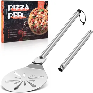 Herogo Pizzaschieber, 9 Zoll Edelstahl Perforiert Pizzaschaufel, Rund Metall Pizzawender mit Lang Abnehmbaren Metallgriff zum Leichten Gleiten, Leicht zu Reinigen & Lagerung, 22,8 x 25,4 x 122 cm