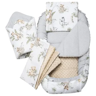 Medi Partners Babynest Nestchen Baby Set für Neugeborene - 100x60x10 Kuschelnest 5 teilig tragbar Nest zweiseitig Babynestchen Bett 100% Baumwolle (Safari mit beige Minky)