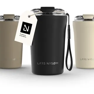 LARS NYSØM Thermo Kaffeebecher to go mit Trageschlaufe & Tritan Deckel | Travel Mug 0,38 Liter mit Isolierung | Auslaufsicherer Edelstahl Thermobecher für Café & Tee (Carbon Black, 380ml)