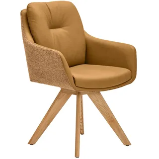 Waldwelt Armlehnstuhl , Dunkelgelb, Currygelb, Wildeiche , Holz, Textil, Leder , Kombination Echtleder/Stoff , Rindleder , Eiche , massiv , konisch, Stativgestell , 62x90x65 cm , Typenauswahl, inklusive Armlehnen, Gestellauswahl, Sitzfläche 180° drehbar, automatische Rückholfunktion , Holzmöbel, Sitzgelegenheiten Holz, Holzstühle