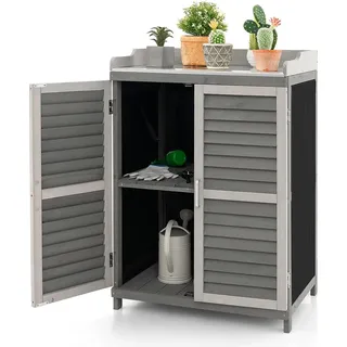COSTWAY Gartenschrank Holz, Lagerschrank Garten, Holzschrank mit Metall-Platte & 2 Lagerregalen & aufrollbaren Türen, Geräteschrank Gerätehaus Geräteschuppen, Schuppen Schrank Terrasse Hinterhof, Grau - Grau