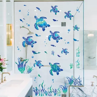 SHUCHING Wandtattoo Schildkröte Blau, Wandsticker Unter dem Meer, Selbstklebend Wandaufkleber für Badezimmer Wasserfest