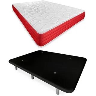 DUÉRMETE ONLINE Schwarzes Komplettbett mit wendbarer Lite-Matratze und verstärktem Boden, 6 Beine, Holz, 135 x 190 cm