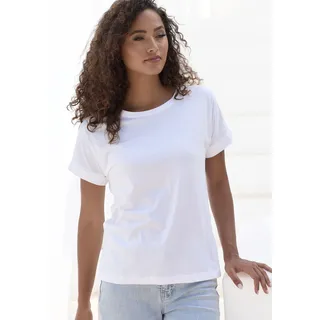 T-Shirt COPENHAGEN STUDIOS "mit dezentem Logoprint hinten", Damen, Gr. M (38), weiß (hellweiß), Single Jersey, Obermaterial: 100% Baumwolle, unifarben, bequem, Rundhals, mit Aufschlag Aufschlag, Shirts T-Shirt, aus softer Jersey-Qualität mit Bio-Baumwolle, Topseller