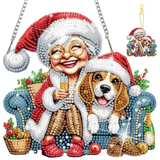 MISCER Diamond Art painting Anhänger Windspiel, Christmas Weihnachtsoma Diamond Painting Anhänger mit Kette für Kinder Erwachsene, Hängende Ornament Bastelset Set für Tür Garten Wand Deko