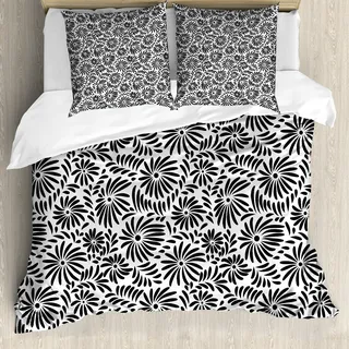 ABAKUHAUS Schwarz und weiß Bettbezug, einfache Blumen, Milbensicher Allergiker geeignet mit Kissenbezügen, 155 cm x 220 cm - 80 x 80 cm, Schwarz-Weiss - Schwarz