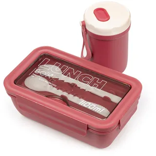 DAM Frischhaltedose für Lebensmittel, 1100 ml, inkl. Thermobecher und Besteck, mikrowellengeeignet, 20,3 x 12,3 x 7,3 cm, Farbe: Dunkelrosa