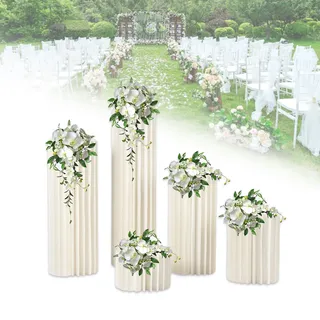 5 Stück Karton Blumensäule Vasen, Weiß Faltbarer Pappdisplay-Papiersäulen, Blumenständer Hochzeit Tafelaufsätze, Zylinderförmige Hohe Bodenvase, Blumensäule für Garten, Party Deko, 20/40/60/80/100cm