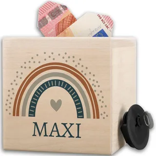 Shirtracer Spardose Holz personalisiert Punkte Regenbogen Name | Holz, 10x10cm, Taschengeld, Geldgeschenk, Geschenk, Deko, Wunscherfüller, Kinder, Mädchen, Jungen, Bunt, Wolken, Schloss
