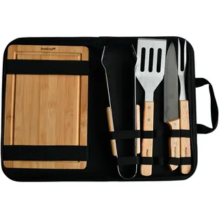 Mastrad – BBQ Koffer Set mit Schneidebrett & 4 Grillutensilien – Grillbesteck aus Edelstahl & Holz – Tragbar – Ideal für BBQ, Camping & Geschenk