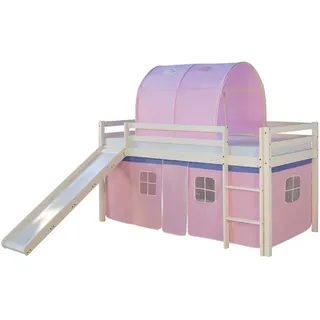 Homestyle4u Hochbett 90 x 200 cm Kiefer massiv lackiert weiß/rosa