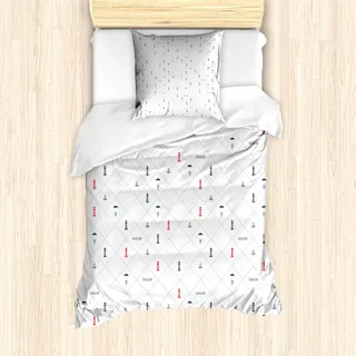 ABAKUHAUS Leuchtturm Mantele, Diamant-Motiv, Milbensicher Allergiker geeignet mit Kissenbezügen, 135 cm x 200 cm - 80 x 80 cm, Dunkelblau, Rot, Weiß - Rot
