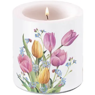 Kerze Frühling Tulpen in zarten Farben als Tischdeko. Motivkerze rund klein für den gedeckten Tisch Ø7,5 x 9cm