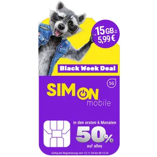 Simon Mobile | Dein günstiger Handytarif ab 15 GB | 50% Black Week Aktion | Mehr sparen bei Rufnummernmitnahme | 10 EUR Startguthaben | Monatlich flexibel | 5G-Netz | Telefon- SMS-Flat | EU-Roaming