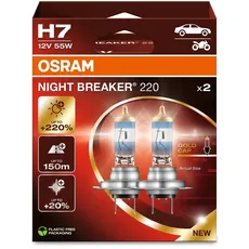 OSRAM NIGHT BREAKER 220, H7, 220% mehr Helligkeit, Halogen-Scheinwerferlampe, 64210NB220-2HB, Faltschachtel (2 Lampen)