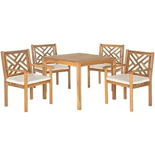 SAFAVIEH Wooden Outdoor Dining Set - Set of 5, Patio Table and Chairs, in Natural and Beige