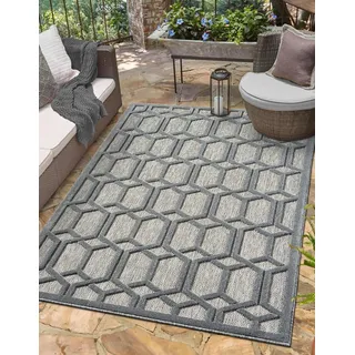 Myflair Teppich "Thala, LAGERRÄUMUNG", grau (grau,schwarz), B:200cm H:8mm L:300cm, Polypropylen, MYFLAIR MÖBEL & ACCESSOIRES, Teppiche, Teppich, modernes Design, Hoch-Tief Effekt, Outdoor geeignet, Balkon, Terrasse