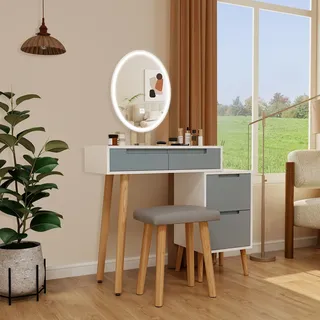 Schminktisch mit LED Spiegel Kommode mit 4 Schubladen und Hockern Holz - grau - 70 cm X 134 cm X 35 cm