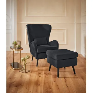 Home Affaire Ohrensessel Sallito Polyester/Fellimitat 76 x 109 x 85 cm Schwarz mit Hocker