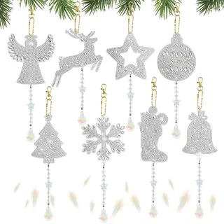 Homgaty Diamond Painting Weihnachten Anhänger, 8 Stück Diamond Painting Bastelset für Kinder ab 6 7 8 910 Jahre, Doppelseitige DIY Windspiel Sonnenfänger Schlüsselanhänger Kit für Winter Deko