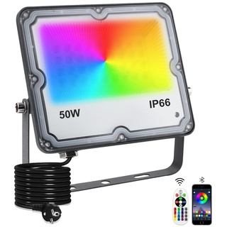 Indmird RGB Strahler 50W RGB LED Strahler Außen mit Bluetooth APP Steuerung IP66 Wasserdich Außenstrahler Smart RGBW Farbwechsel Dimmbar Flutlichtstrahler Stimmungslicht für Garten Party Bühnen